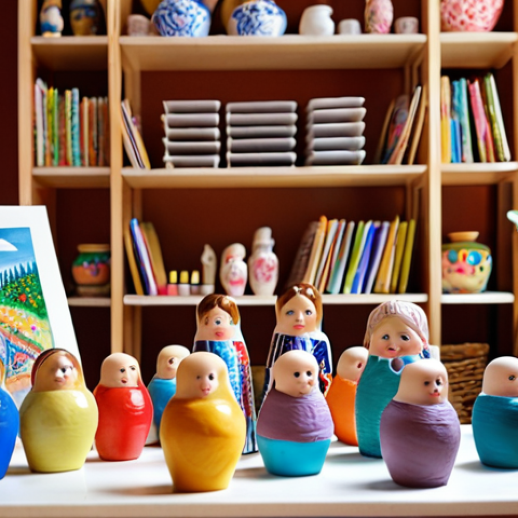 **Prompt:** A bright and colorful art studio filled with children painting and creating clay figures. The scene includes easels with landscapes and portraits, tables covered in colorful plasticine, and shelves displaying finished artworks. Focus on the joy of artistic expression and the development of creative thinking through art and crafts. Add traditional Russian crafts elements like Matryoshka dolls and Gzhel-style painted pottery.