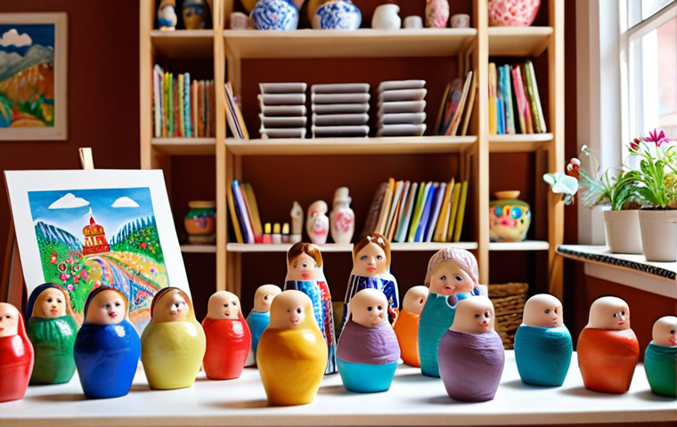 **Prompt:** A bright and colorful art studio filled with children painting and creating clay figures. The scene includes easels with landscapes and portraits, tables covered in colorful plasticine, and shelves displaying finished artworks. Focus on the joy of artistic expression and the development of creative thinking through art and crafts. Add traditional Russian crafts elements like Matryoshka dolls and Gzhel-style painted pottery.