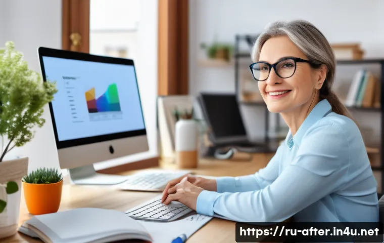 방과후지도사 퇴사 후 재취업 사례 - A professional middle-aged woman working from home as an online educator, sitting at a modern desk w...