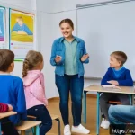 Home 14 방과후지도사 학습 지도 노하우 - A warm and inviting classroom scene with a diverse group of Russian children aged 8-12, all wearing ...