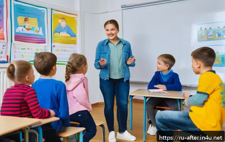 방과후지도사 학습 지도 노하우 - A warm and inviting classroom scene with a diverse group of Russian children aged 8-12, all wearing ...