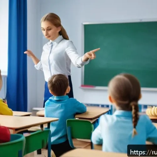 Home 13 방과후지도사와 관련된 법률과 규정 - A modern classroom scene in a Russian additional education center, showing a professional female tea...